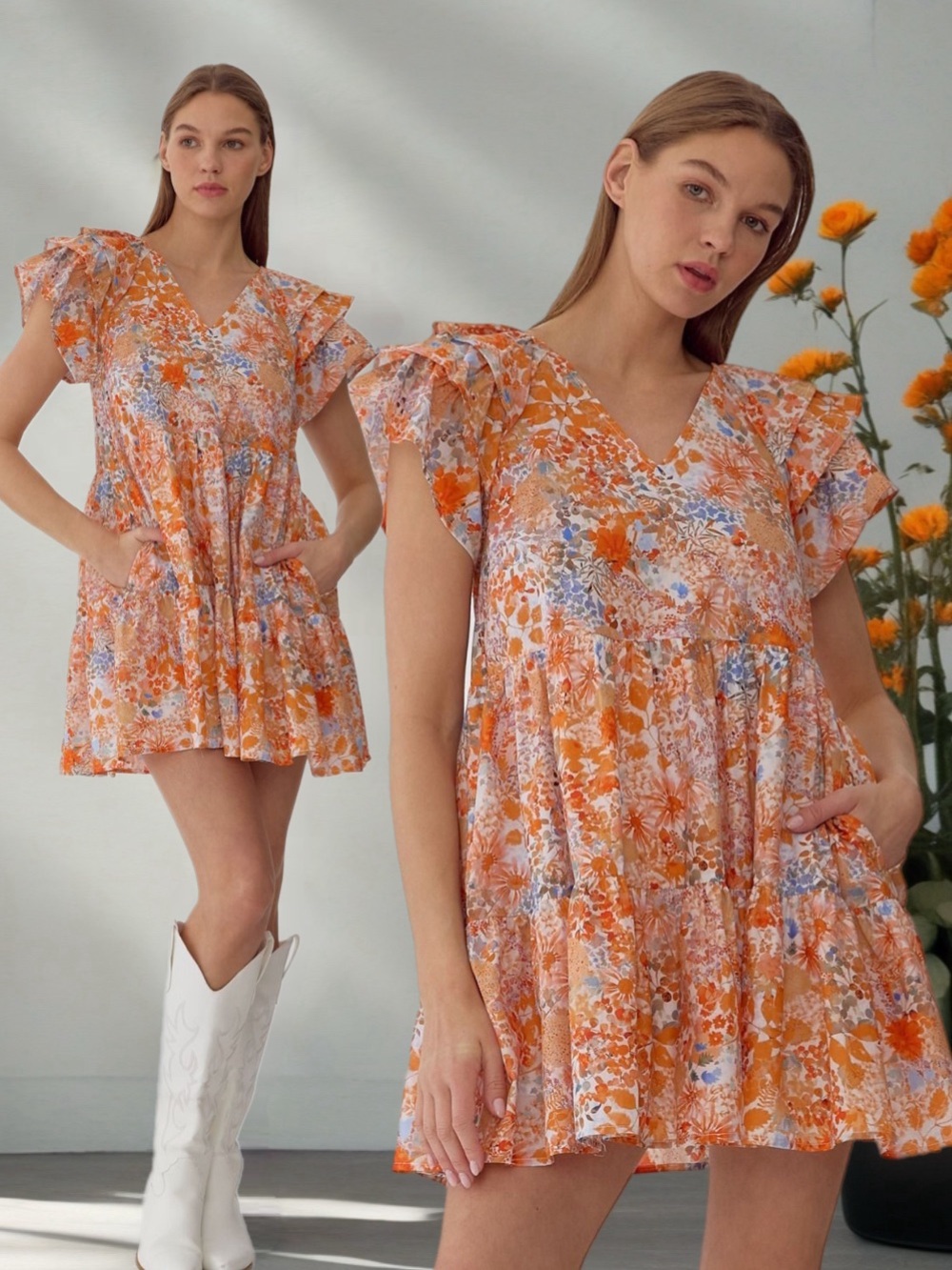 Entro Elara Botanical Floral Ruffle Sleeve Tunic Dress Eclectic Boho New Medium